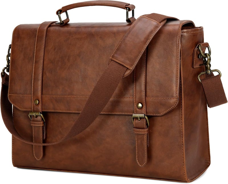 IGOLUMON Messenger Bag for Men 15.6 inch Vintage Leather Waterproof Laptop Briefcase Large Computer Laptop Bag Leather Satchel Bag Retro Shoulder Bag for Office Business Travel College, Brown - Image 1